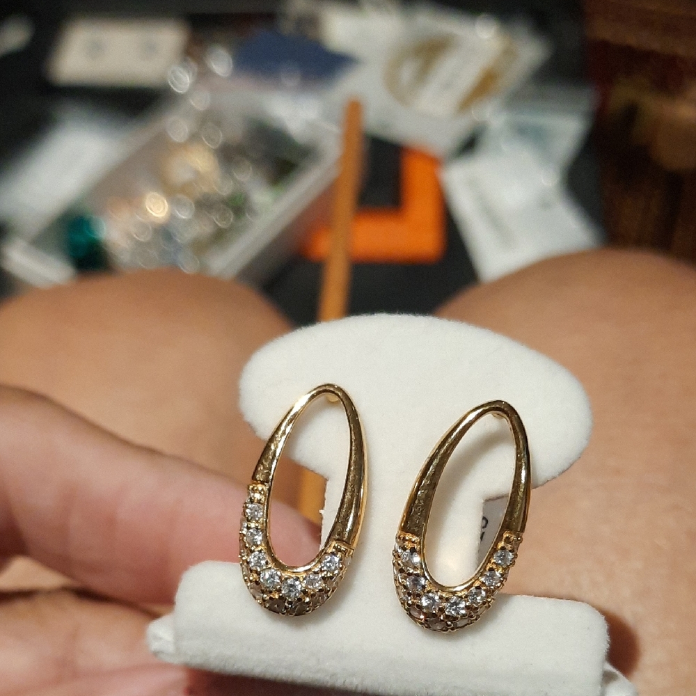 NWT GENUINE GOLD OVER STERLING SILVER CZ OVAL EARRINGS Gift Bagged 🎁